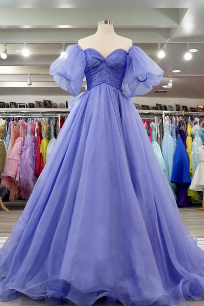 Elegant Tulle A-Line Off-Shoulder Puff Sleeve Ruched Lavender Floor-Length Prom Gown
