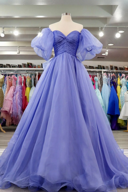 Lavender Tulle Off-the-Shoulder Puff Sleeve A-Line Prom Dress with Ruched Bodice