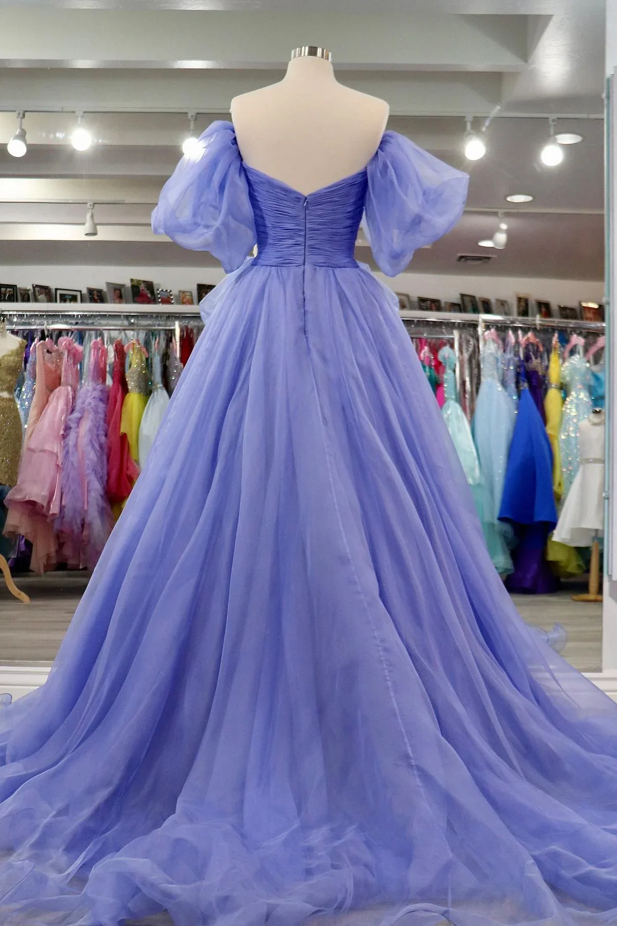Elegant Tulle A-Line Off-Shoulder Puff Sleeve Ruched Lavender Floor-Length Prom Gown
