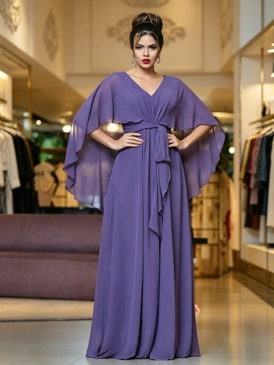 Lavender chiffon deep V cape sleeve tied waist open back floor length formal prom dress