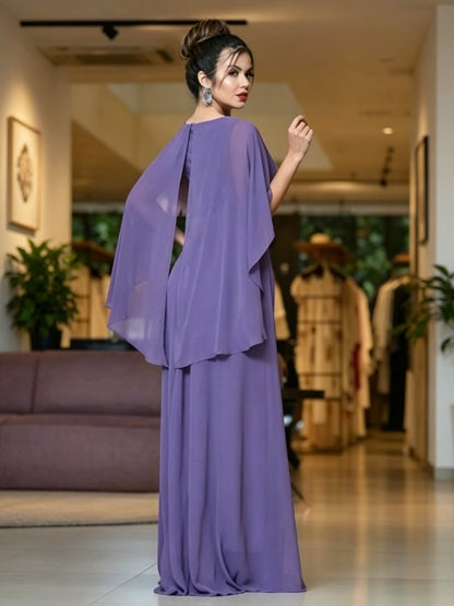 Lavender chiffon deep V cape sleeve tied waist open back floor length formal prom dress