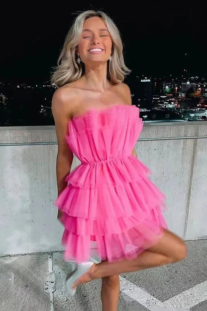 Layered ruffle tulle skater strapless solid zip back short mini formal homecoming dress