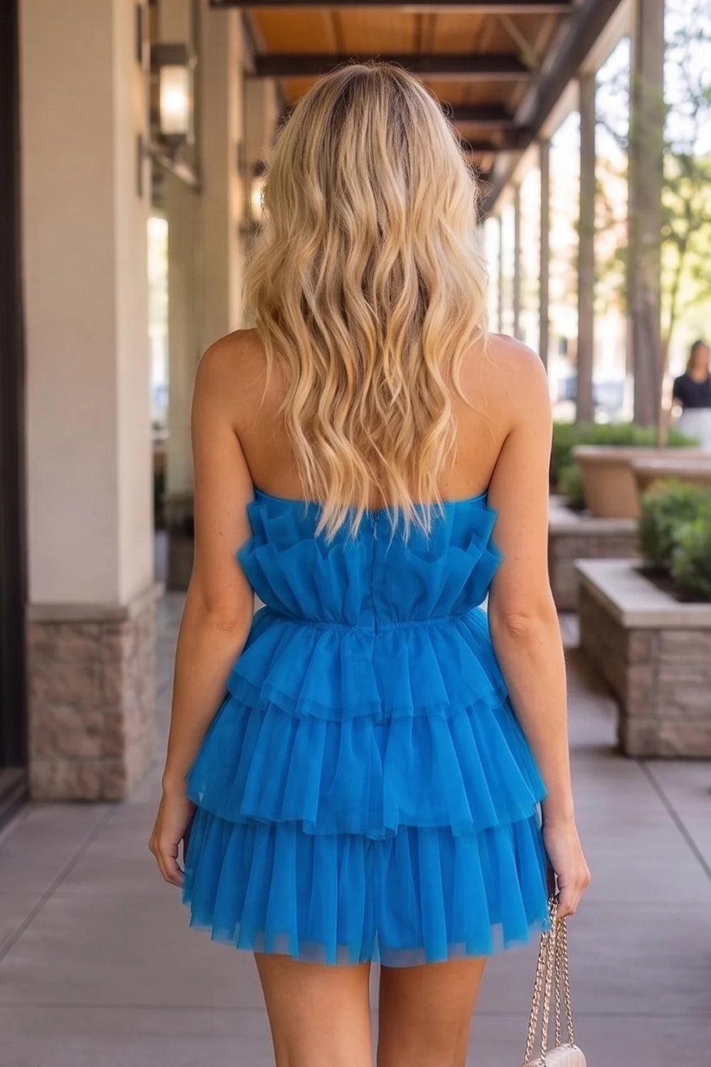 Layered ruffle tulle skater strapless solid zip back short mini formal homecoming dress