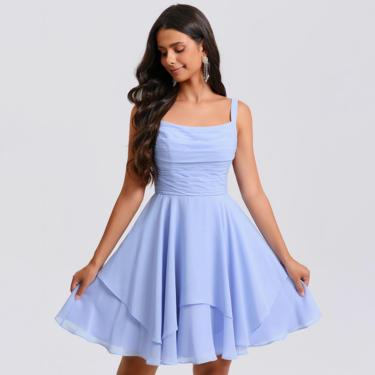 Light Blue Chiffon Square Neck Crisscross Lace-Up Back Short Homecoming Dress with Ruffled Skirt
