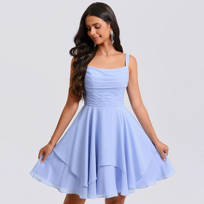 Light Blue Chiffon Square Neck Crisscross Lace-Up Back Short Homecoming Dress with Ruffled Skirt