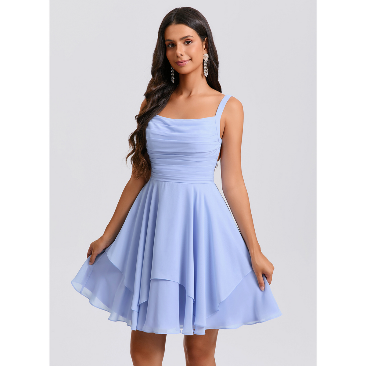 Light Blue Chiffon Square Neck Crisscross Lace-Up Back Short Homecoming Dress with Ruffled Skirt