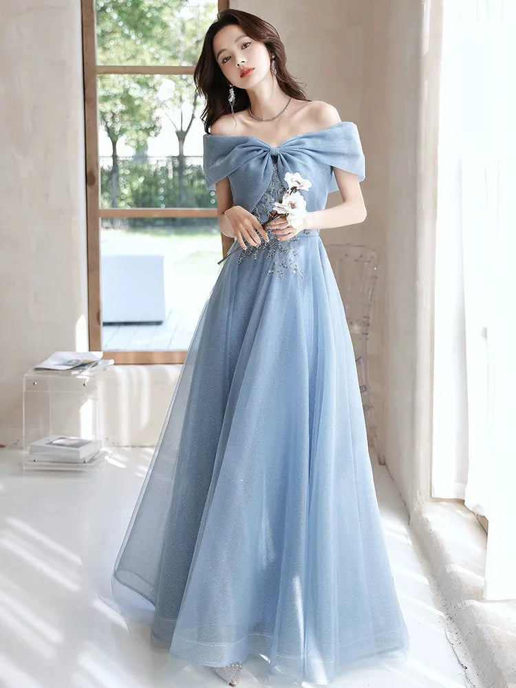 Romantic A-Line Off-the-Shoulder Short Sleeves Lace-Up Back Floor Length Prom Dresses