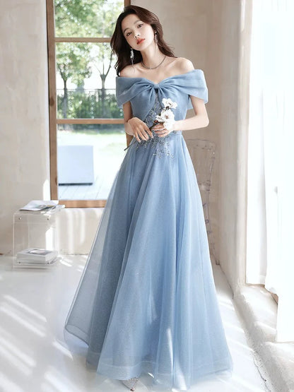 Romantic A-Line Off-the-Shoulder Short Sleeves Lace-Up Back Floor Length Prom Dresses