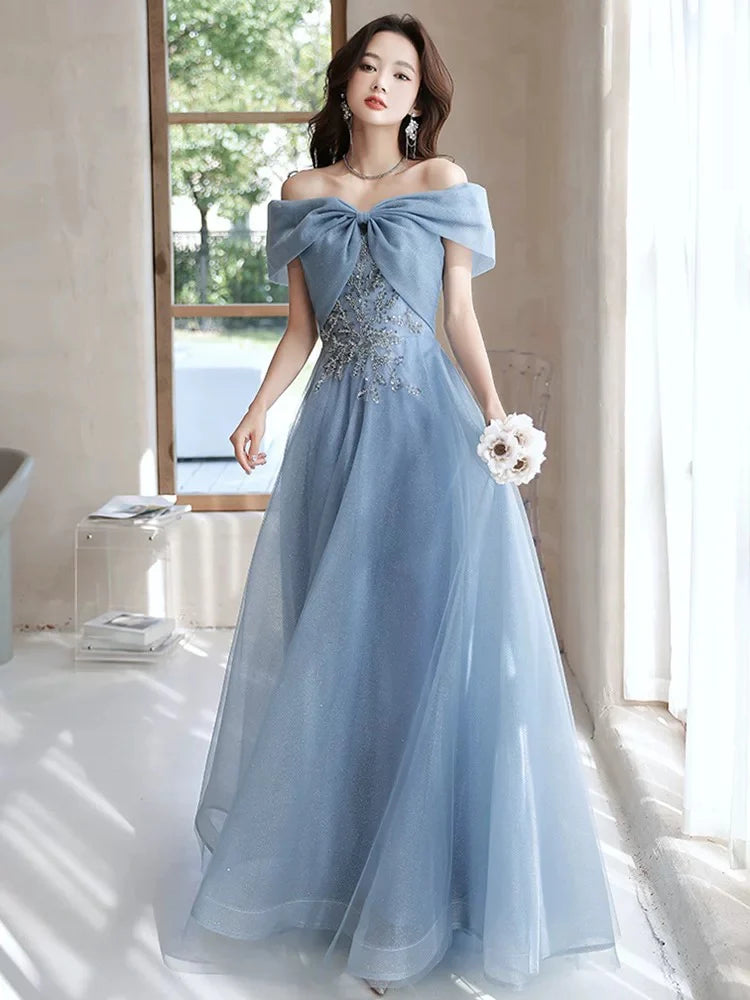 Romantic A-Line Off-the-Shoulder Short Sleeves Lace-Up Back Floor Length Prom Dresses