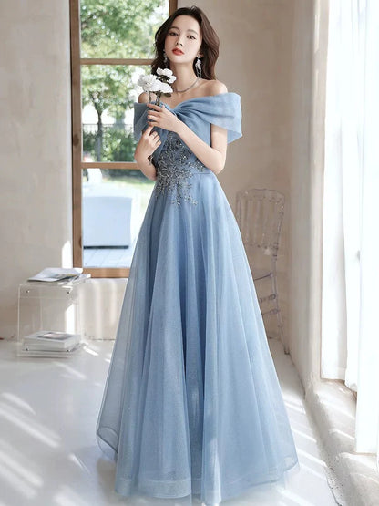 Romantic A-Line Off-the-Shoulder Short Sleeves Lace-Up Back Floor Length Prom Dresses