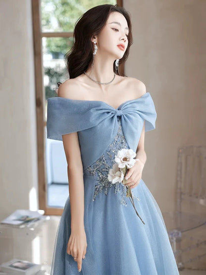 Romantic A-Line Off-the-Shoulder Short Sleeves Lace-Up Back Floor Length Prom Dresses