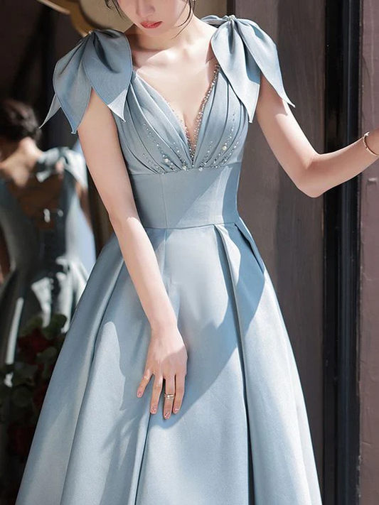 Light Blue Satin A-Line V-Neck Bow Shoulder Lace-Up Back Floor Length Prom Dresses