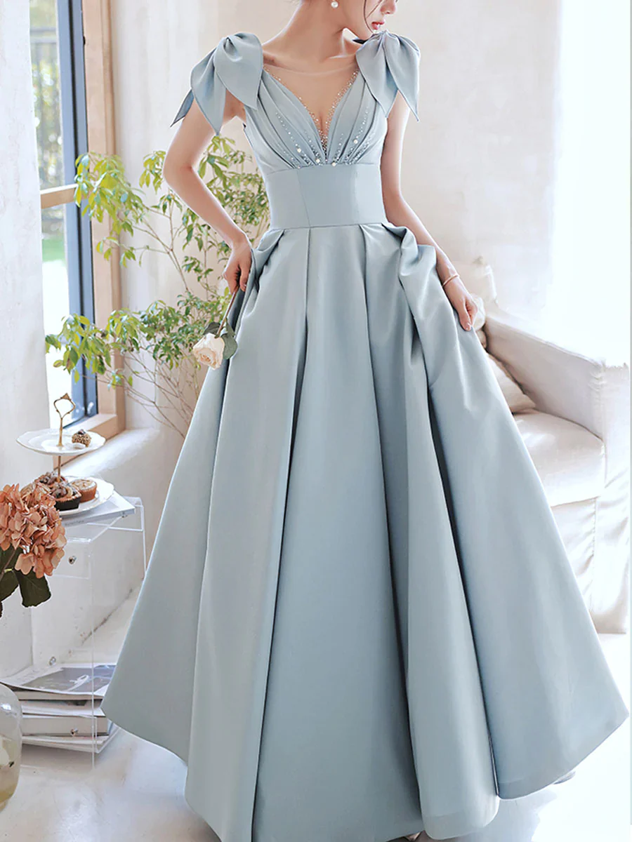 Light Blue Satin A-Line V-Neck Bow Shoulder Lace-Up Back Floor Length Prom Dresses