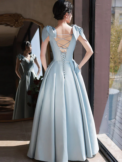 Light Blue Satin A-Line V-Neck Bow Shoulder Lace-Up Back Floor Length Prom Dresses