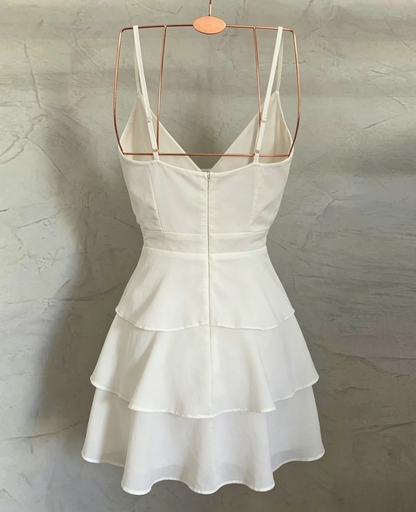 Light Chiffon Mini Fit Flare Spaghetti Strap Surplice V Neck Multi Tier Ruffle Skirt Adjustable Strap Zipper Back Homecoming Dresses