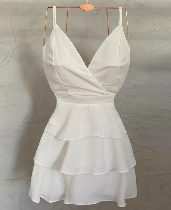 Light Chiffon Mini Fit Flare Spaghetti Strap Surplice V Neck Multi Tier Ruffle Skirt Adjustable Strap Zipper Back Homecoming Dresses