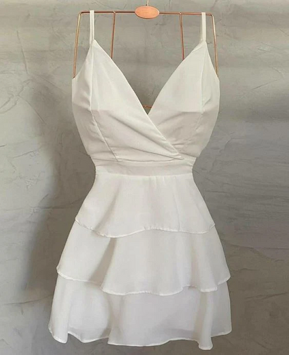 Light Chiffon Mini Fit Flare Spaghetti Strap Surplice V Neck Multi Tier Ruffle Skirt Adjustable Strap Zipper Back Homecoming Dresses