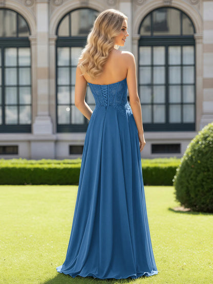 Flowy A-line strapless sweetheart lace-bodice high-slit floor-length evening dress