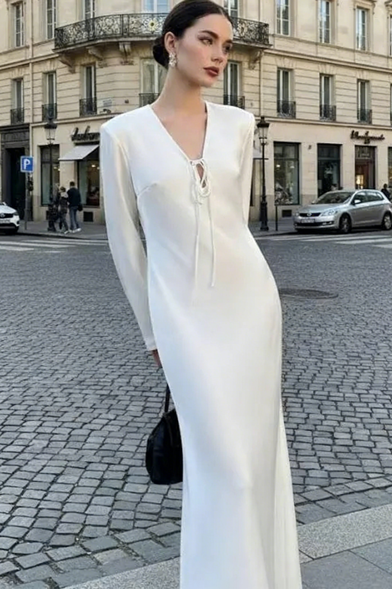 Long Sleeve Evening Dress with V-Neck Tie Detail, Fitted Silhouette and Floor-Length Skirt