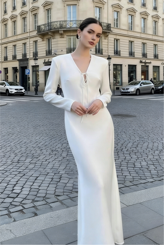 Long Sleeve Evening Dress with V-Neck Tie Detail, Fitted Silhouette and Floor-Length Skirt