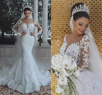 Long Sleeve Lace Wedding Dress Mermaid Beads Lace Appliques Wedding Gowns