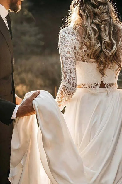 Long Sleeve Two Pieces Lace Round Neck Beach Wedding Dresses Chiffon Boho Bridal Gowns