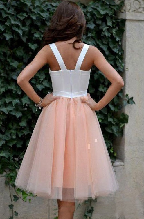 Lovely Two-tone White Peach A-line Sweetheart Wide Strap Zipper Back Knee-length Homecoming Dresses
