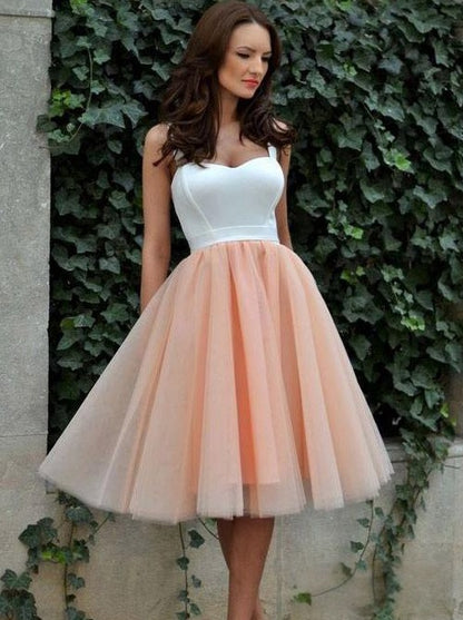 Lovely Two-tone White Peach A-line Sweetheart Wide Strap Zipper Back Knee-length Homecoming Dresses