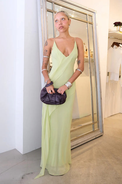 Luminous V-Neck Bias-Cut Open-Back Sleeveless Floor-Length Chiffon Evening Dress