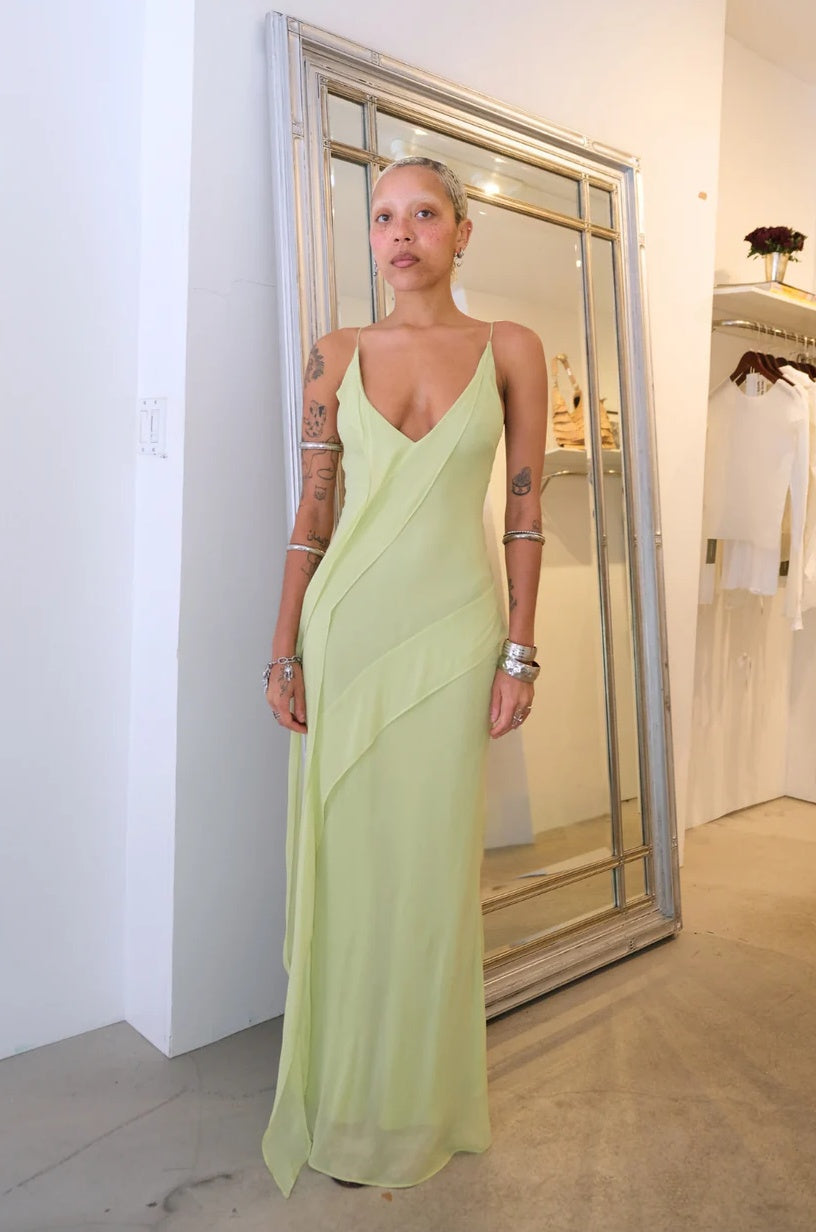 Luminous V-Neck Bias-Cut Open-Back Sleeveless Floor-Length Chiffon Evening Dress