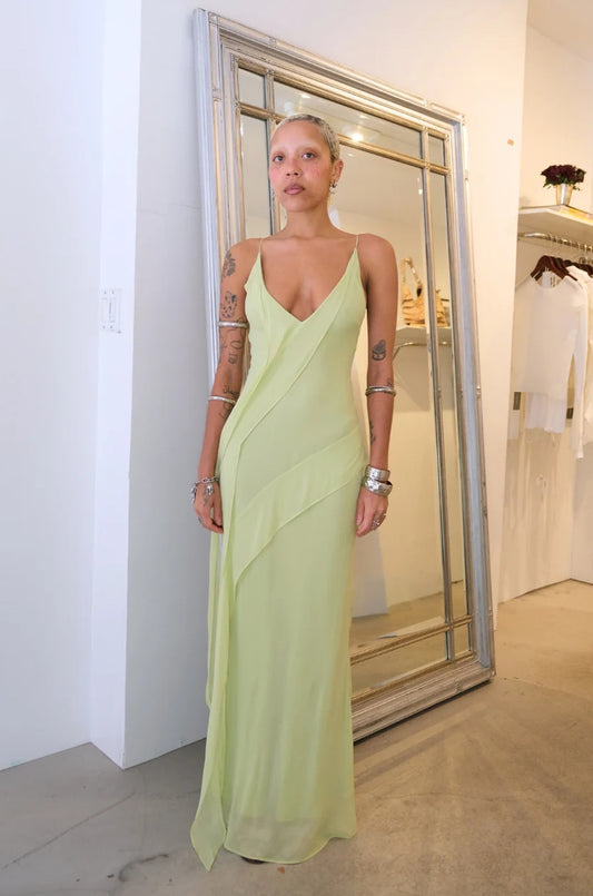 Luminous V-Neck Bias-Cut Open-Back Sleeveless Floor-Length Chiffon Evening Dress