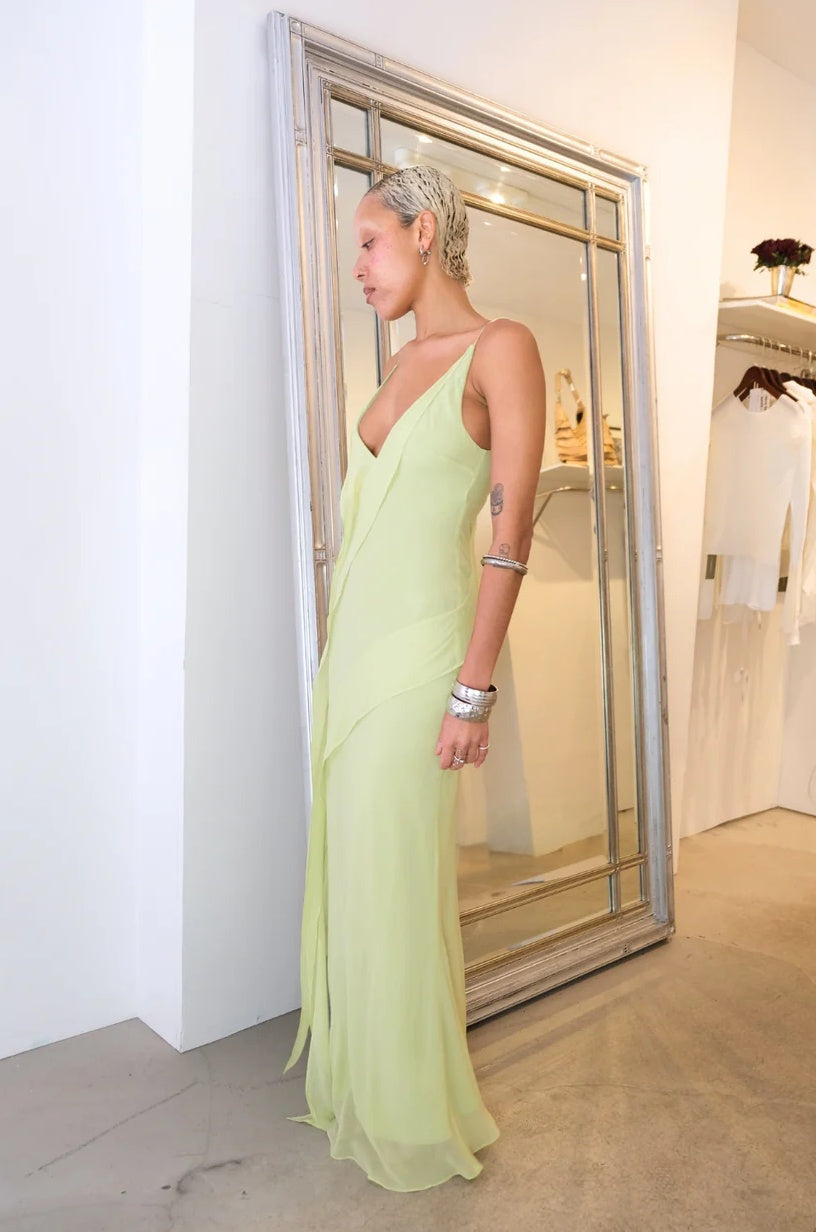 Luminous V-Neck Bias-Cut Open-Back Sleeveless Floor-Length Chiffon Evening Dress