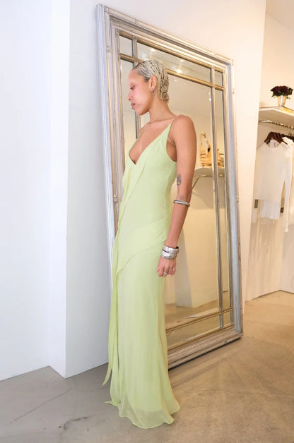 Luminous V-Neck Bias-Cut Open-Back Sleeveless Floor-Length Chiffon Evening Dress