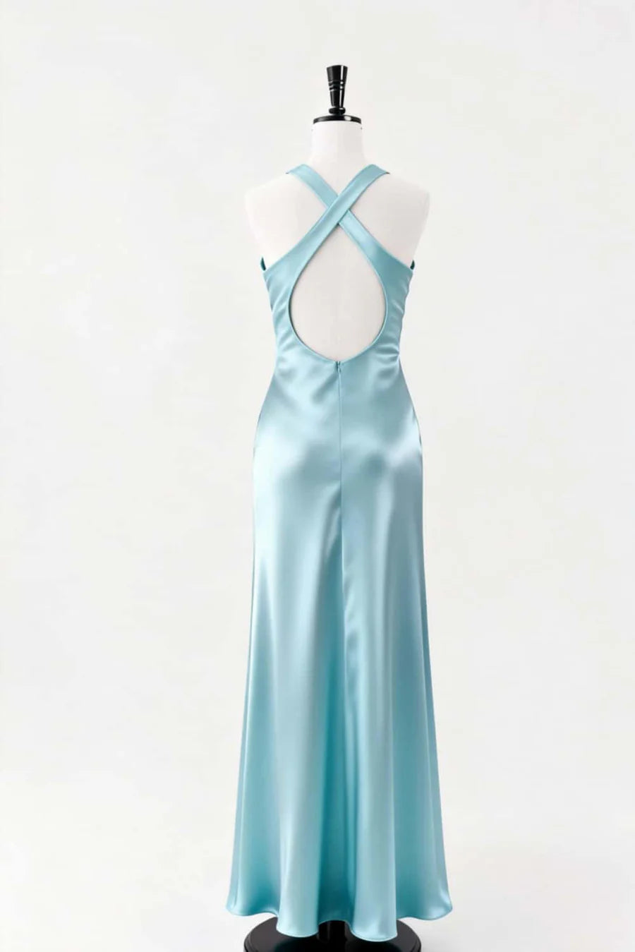 Front view of a woman in a lustrous satin A-line V-neck evening gown.