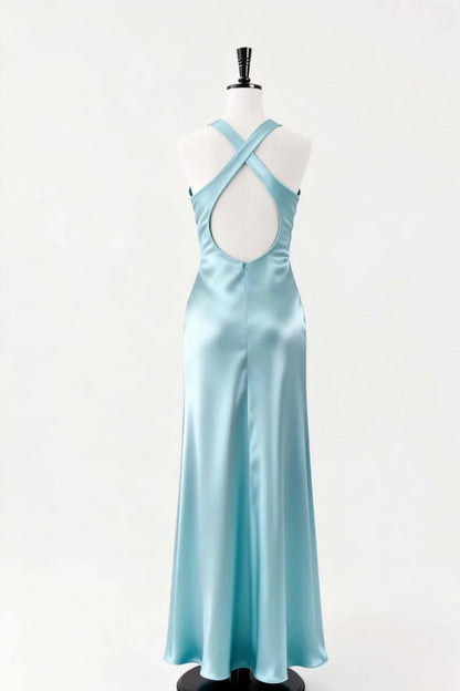 Front view of a woman in a lustrous satin A-line V-neck evening gown.