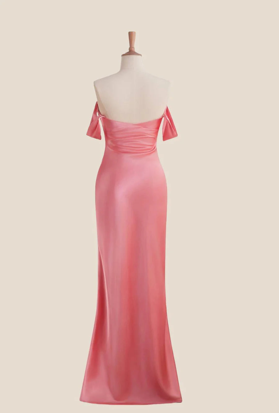 Back view of the off-shoulder evening gown, showing ruched detail and hidden zipper.