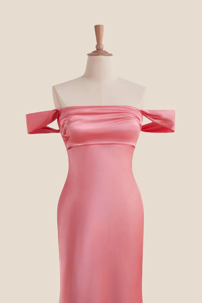 Close-up of the satin off-shoulder gown bodice with bow sleeves and ruched bust.