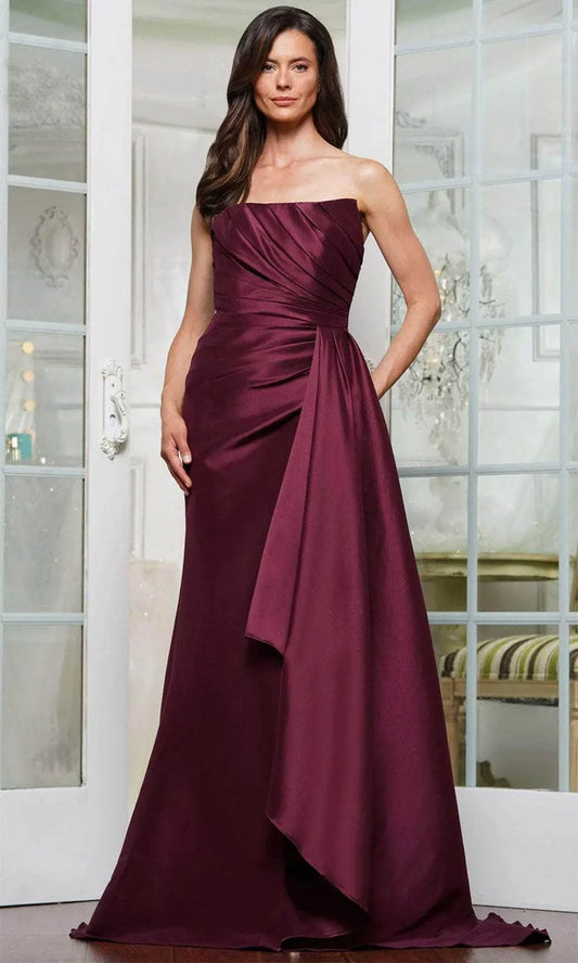 Model wearing a lustrous satin strapless mermaid draped floor-length mother of the bride gown.
