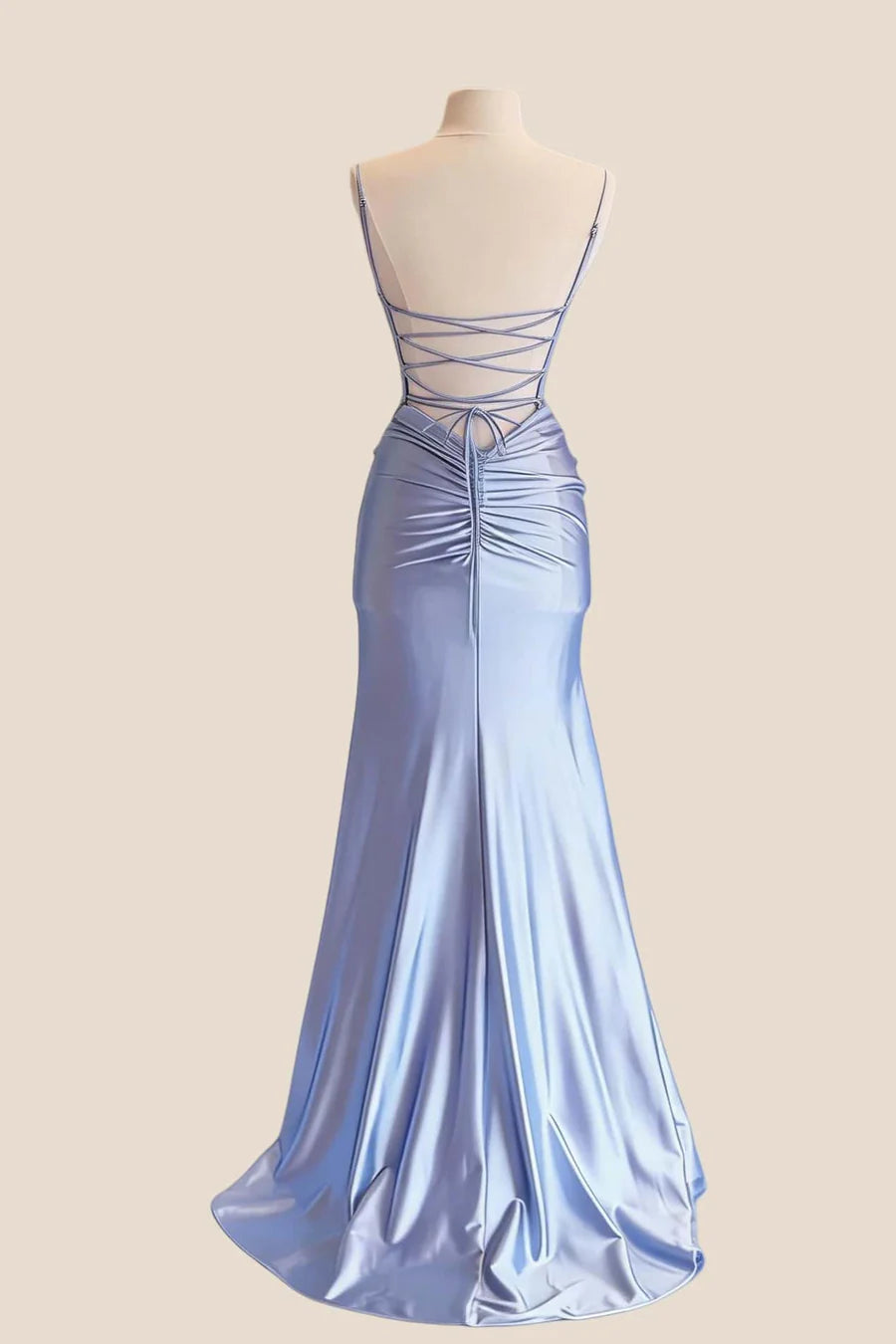 Back view of lustrous satin mermaid V-neck evening dress with lace-up detail.