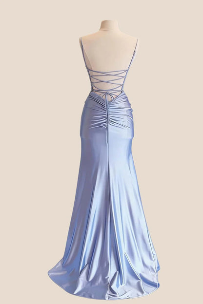 Back view of lustrous satin mermaid V-neck evening dress with lace-up detail.