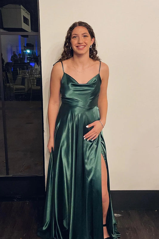 Lustrous A-line Cowl Neck Tie Strap Low Back Floor Length Slit Satin Evening Dress