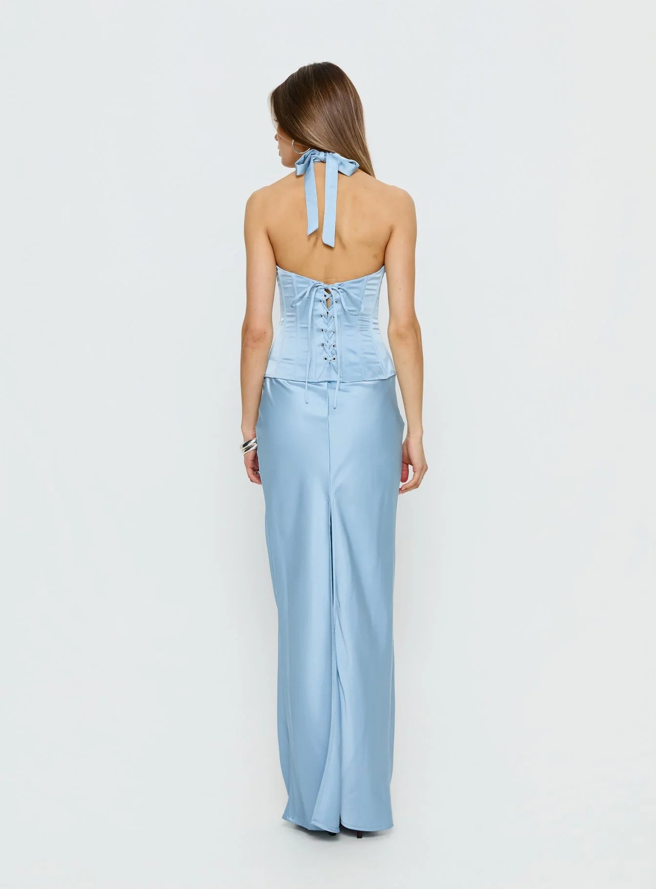 Lustrous Form-Fitting Halter V-Neck Sleeveless Corset Lace-Up Maxi Evening Dress