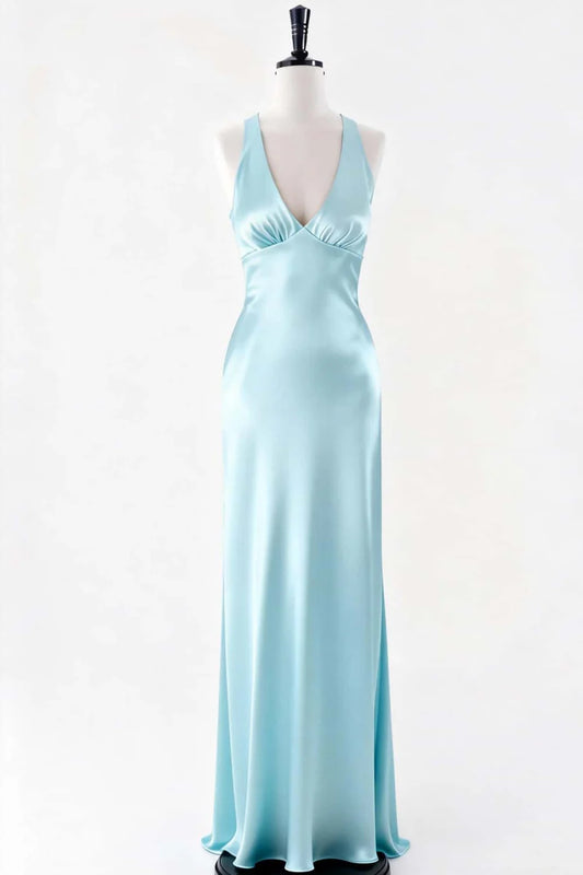 Lustrous Satin A-Line V-Neck Crisscross-Straps Open-Back Floor-Length Evening Dress