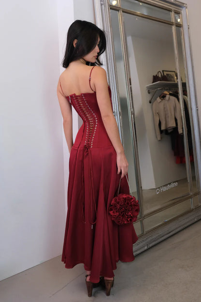 Lustrous Satin High-Low Corset Sweetheart Thin-Strap Lace-Up Evening Gown