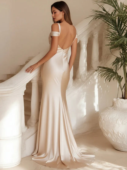 Lustrous Satin Mermaid Cowl-Neck Asymmetrical Draped Floor Length Evening Dress