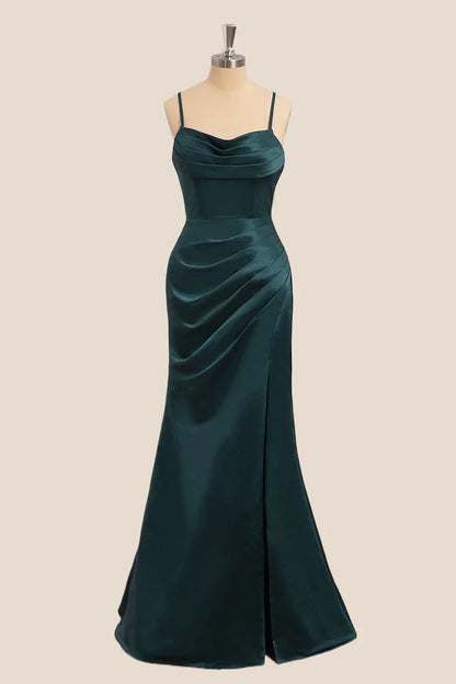 Lustrous Satin Mermaid Cowl Neck Spaghetti Strap Floor Length Slit Evening Dress