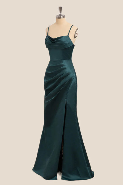 Lustrous Satin Mermaid Cowl Neck Spaghetti Strap Floor Length Slit Evening Dress