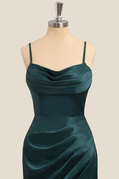 Lustrous Satin Mermaid Cowl Neck Spaghetti Strap Floor Length Slit Evening Dress
