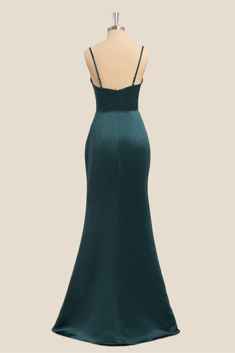 Lustrous Satin Mermaid Cowl Neck Spaghetti Strap Floor Length Slit Evening Dress