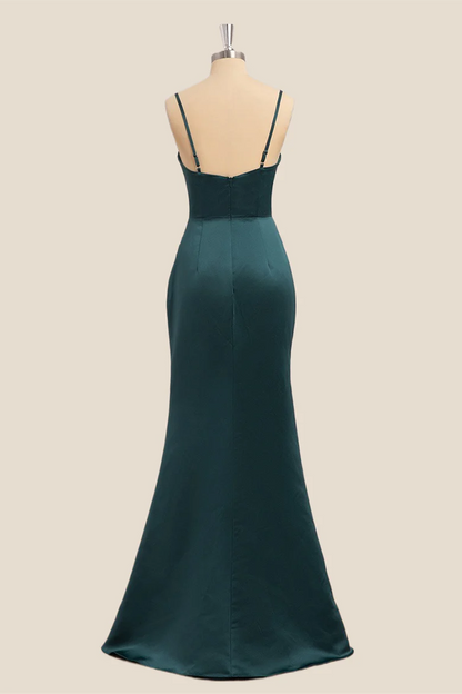Lustrous Satin Mermaid Cowl Neck Spaghetti Strap Floor Length Slit Evening Dress